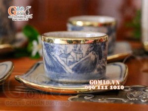 Cặp chén đĩa vuông men rạn cổ cảnh sơn thuỷ bọc đồng