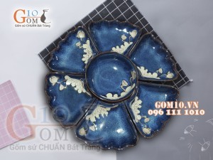 Bộ đĩa hoa mặt trời men hỏa biến xanh đá khắc sen