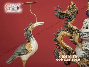 Bộ đỉnh hạc men rạn đắp nổi chân đồng cao cấp, Hạc cao 65cm, Đỉnh cao 60cm