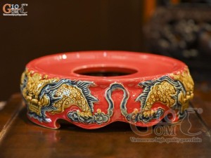 Chân bát hương men màu đắp nổi Rồng Như Ý nền đỏ, đường kính 20cm