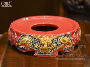 Chân bát hương men màu đắp nổi Rồng Như Ý nền đỏ, đường kính 20cm