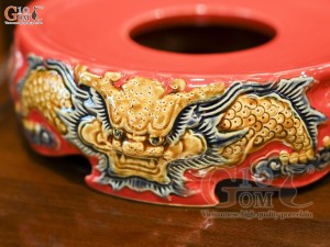Chân bát hương men màu đắp nổi Rồng Như Ý nền đỏ, đường kính 20cm