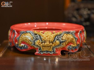 Chân bát hương men màu đắp nổi Rồng Như Ý nền đỏ, đường kính 18cm