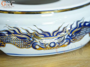 Chân kê bát hương Long Trấn men lam họa tiết Rồng vẽ vàng 24k, đường kính 16cm