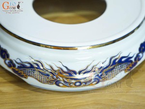 Chân kê bát hương Long Trấn men lam họa tiết Rồng vẽ vàng 24k, đường kính 16cm