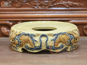 Chân kê bát hương men hoàng tộc đắp nổi Rồng Như Ý, đường kính 20cm