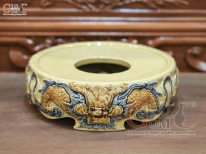 Chân kê bát hương men hoàng tộc đắp nổi Rồng Như Ý, đường kính 20cm