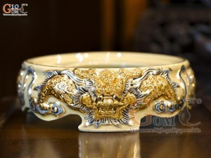 Chân kê bát hương men hoàng tộc đắp nổi Rồng Như Ý vẽ vàng 24k, đường kính 20cm