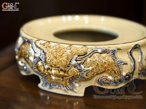 Chân kê bát hương men hoàng tộc đắp nổi Rồng Như Ý vẽ vàng 24k, đường kính 20cm