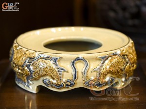 Chân kê bát hương men hoàng tộc đắp nổi Rồng Như Ý vẽ vàng 24k, đường kính 20cm