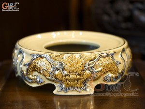 Chân kê bát hương men hoàng thổ đắp nổi Rồng Như Ý vẽ vàng 24k, đường kính 20cm
