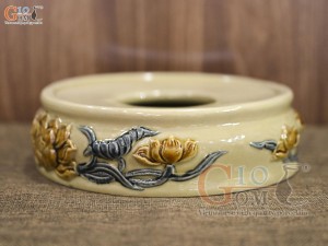 Chân kê bát hương men hoàng tộc đắp nổi Sen Cát Tường, 25cm