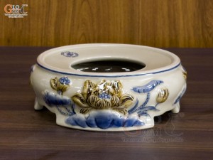 Chân kê bát hương men hoàng tộc đắp nổi Sen, đường kính 14cm