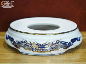 Chân kê bát hương men lam cổ vẽ Rồng Đại Phát vẽ vàng 24k, đường kính 18cm