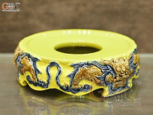 Chân kê bát hương men màu đắp nổi Rồng Như Ý nền vàng, đường kính 20cm