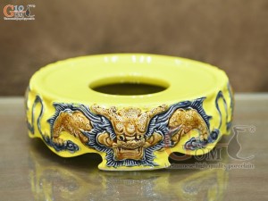 Chân kê bát hương men màu đắp nổi Rồng Như Ý nền vàng, đường kính 20cm