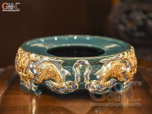 Chân kê bát hương men màu đắp nổi Rồng Như Ý nền xanh lục bảo vẽ vàng 24k, đường kính 18cm