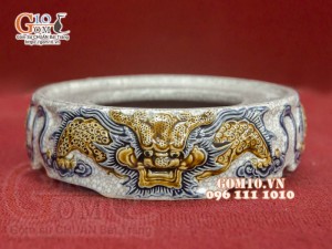 Chân kê bát hương men rạn đắp nổi Rồng Như Ý, đường kính 14cm