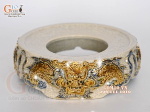Chân kê bát hương men rạn đắp nổi Rồng Như Ý vẽ vàng 24k, đường kính 16cm