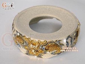 Chân kê bát hương men rạn đắp nổi Rồng Như Ý vẽ vàng 24k, đường kính 16cm
