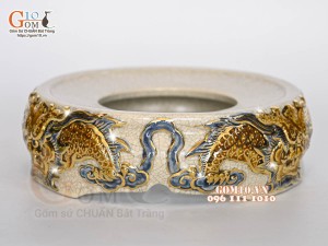 Chân kê bát hương men rạn đắp nổi Rồng Như Ý vẽ vàng 24k, đường kính 16cm