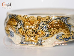 Chân kê bát hương men rạn đắp nổi Rồng Như Ý vẽ vàng 24k, đường kính 16cm