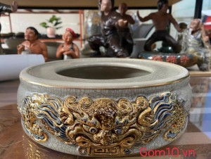 Chân kê bát hương men rạn đắp nổi Rồng Phú Quý vẽ vàng 24k, đường kính 25cm