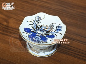 Chân nến men lam cổ Sen Cát Tường, vẽ vàng 24k, đường kính 10cm