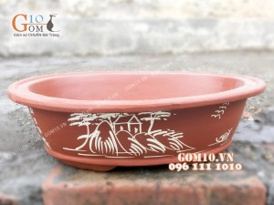 Chậu cây gốm dáng thon họa tiết sơn thủy 38cm