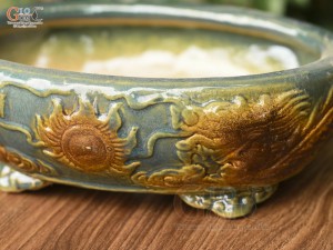Chậu cây men hỏa biến đắp nổi Rồng miệng oval, 25x20cm