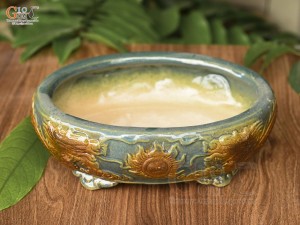 Chậu cây men hỏa biến đắp nổi Rồng miệng oval, 25x20cm
