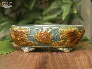 Chậu cây men hỏa biến đắp nổi Rồng miệng oval, 25x20cm