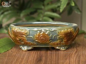 Chậu cây men hỏa biến đắp nổi Rồng miệng oval, 25x20cm