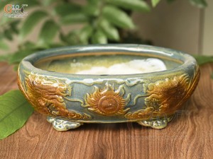 Chậu cây men hỏa biến đắp nổi Rồng miệng oval, 25x20cm