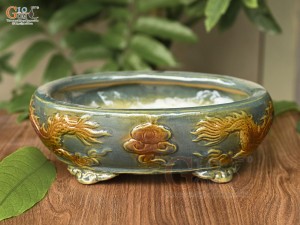 Chậu cây men hỏa biến đắp nổi Rồng miệng oval, 25x20cm