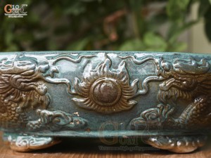 Chậu cây men hỏa biến đắp nổi Rồng miệng oval, 43x35cm