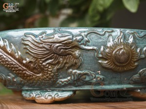 Chậu cây men hỏa biến đắp nổi Rồng miệng oval, 43x35cm
