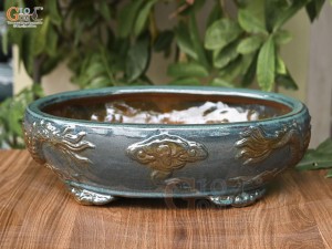 Chậu cây men hỏa biến đắp nổi Rồng miệng oval, 43x35cm