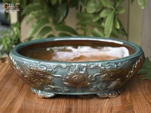 Chậu cây men hỏa biến đắp nổi Rồng miệng oval, 43x35cm