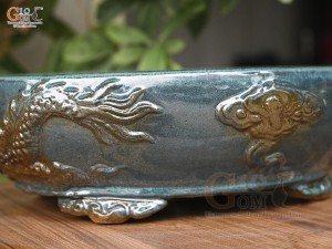 Chậu cây men hỏa biến đắp nổi Rồng miệng oval, 43x35cm