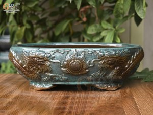 Chậu cây men hỏa biến đắp nổi Rồng miệng oval, 43x35cm
