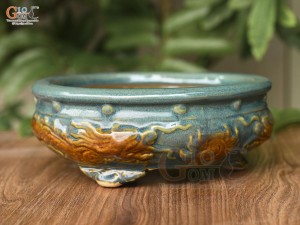 Chậu cây men hỏa biến đắp nổi Rồng miệng tròn, đường kính 22cm