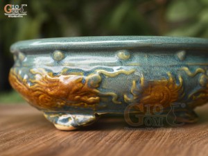 Chậu cây men hỏa biến đắp nổi Rồng miệng tròn, đường kính 22cm