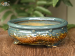 Chậu cây men hỏa biến đắp nổi Rồng miệng tròn, đường kính 22cm