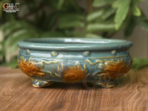 Chậu cây men hỏa biến đắp nổi Rồng miệng tròn, đường kính 22cm