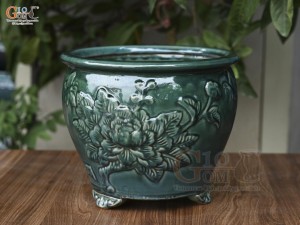 Chậu cây men hỏa biến khắc nổi hoa Phù Dung, đường kính 22cm