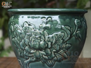 Chậu cây men hỏa biến khắc nổi hoa Phù Dung, đường kính 22cm