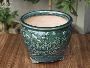 Chậu cây men hỏa biến khắc nổi hoa Phù Dung, đường kính 22cm