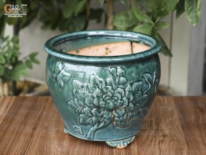 Chậu cây men hỏa biến khắc nổi hoa Phù Dung, đường kính 25cm
