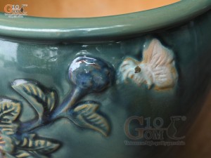 Chậu cây men hỏa biến khắc nổi hoa Phù Dung màu, đường kính 25cm